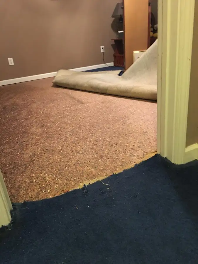 Carpet pad removal revealing water damage during Water Mitigation Services in Ashburnham